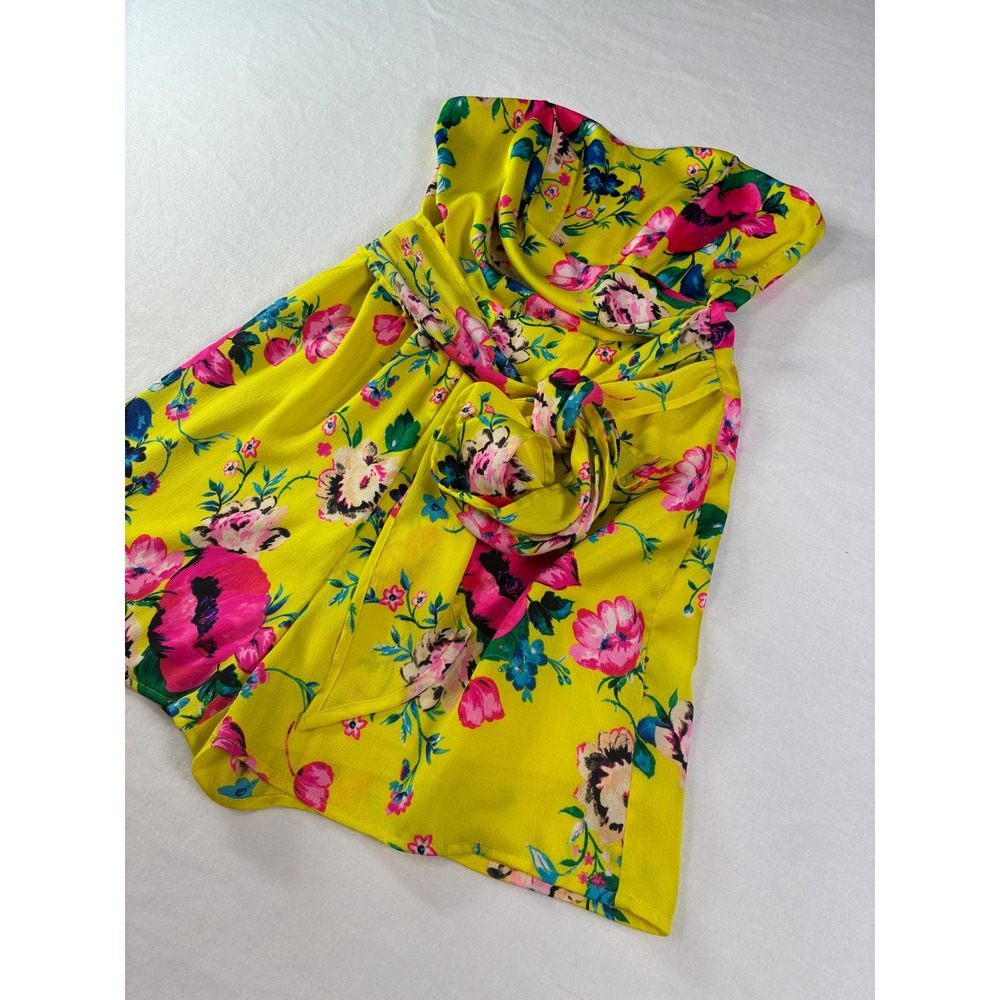 Express Bright Yellow Floral Strapless Romper Sweetheart Neckline Size 2 - Picture 9 of 13